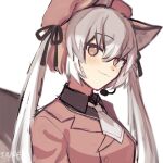  1girl animal_costume animal_ear_fluff animal_ears blazer fox_ears fox_girl fox_tail grey_hair hat island_fox_(kemono_friends) jacket kemono_friends kemono_friends_v_project long_hair looking_at_viewer microphone mitorizu_02 multicolored_hair necktie orange_hair ribbon shirt simple_background smile solo tail twintails virtual_youtuber white_background 