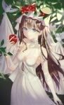  1girl apple bangs bird blue_eyes breasts bridal_gauntlets cleavage dove dress food fruit grimlight highres jin_251005 long_hair looking_at_viewer red_apple smile snow_white_(grimlight) solo strapless strapless_dress veil white_dress 