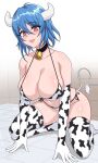  1girl absurdres animal_print bell bikini blue_hair blush breasts cleavage collar collarbone covered_nipples cow_girl cow_horns cow_print cow_tail cowbell elbow_gloves fang gloves highres horns jashin-chan_dropkick large_breasts looking_at_viewer micro_bikini minos_(jashin-chan_dropkick) navel neck_bell open_mouth red_eyes shiny shiny_hair shiny_skin short_hair side-tie_bikini smile solo swimsuit tail thighhighs user_ruwu2347 