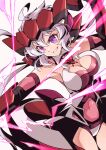  1girl ahoge armpits bodysuit breasts cleavage covered_navel dutch_angle elbow_gloves gloves hair_between_eyes headpiece highres large_breasts leotard light_purple_hair long_hair low_twintails mutsuki_riichi pink_leotard purple_eyes senki_zesshou_symphogear smile solo thighs twintails white_background yukine_chris 