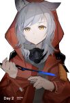  1girl 24kswj-shouwangjun animal_ear_fluff animal_ears arknights blood blood_on_weapon blue_blood closed_mouth coat dagger dated gas_mask grey_hair highres holding holding_weapon hood hood_up hooded_coat knife long_sleeves looking_at_viewer mask mask_around_neck orange_eyes projekt_red_(arknights) red_coat short_hair simple_background solo weapon white_background wolf_ears 