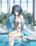 1girl 2k14_chudong absurdres arknights bangs bare_shoulders bikini black_hair blue_eyes blue_jacket breasts cleavage closed_mouth collarbone feather_hair frilled_bikini frills hair_bun highres id_card innertube jacket la_pluma_(arknights) la_pluma_(summer_flowers)_(arknights) long_sleeves looking_at_viewer medium_breasts off_shoulder official_alternate_costume open_clothes open_jacket plant pool poolside potted_plant short_hair single_hair_bun single_side_bun sitting smile soaking_feet solo swimsuit water white_bikini wing_hair_ornament 