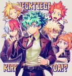  1girl 5boys ? anger_vein angry annoyed bakugou_katsuki blonde_hair boku_no_hero_academia brown_eyes brown_hair burn_scar business_suit clenched_teeth commentary_request english_text fangs formal freckles frown furious glaring green_eyes green_hair heterochromia highres kaminari_denki kirishima_eijirou looking_at_another looking_at_viewer mecyo_(mamezurushiki) midoriya_izuku multicolored_hair multiple_boys necktie open_mouth red_eyes red_hair scar scar_on_face short_hair simple_background smile sparkle spiked_hair split-color_hair suit teeth todoroki_shouto two-tone_hair uraraka_ochako v-shaped_eyebrows white_hair yellow_eyes 