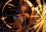  1girl absurdres bangs bare_shoulders blue_eyes blurry blurry_background blurry_foreground breasts candace_(genshin_impact) cleavage dark-skinned_female dark_skin detached_sleeves egyptian_clothes eye_of_horus genshin_impact hair_ornament heterochromia highres holding holding_polearm holding_shield holding_weapon jewelry kotatsu_kaya lips medium_breasts navel open_mouth polearm purple_hair shield short_hair_with_long_locks sidelocks solo spear teeth upper_body upper_teeth weapon yellow_eyes 