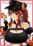  1girl birthday black_gloves black_headwear blush breasts chicken_(food) cleavage collarbone confetti crumbs dola_(nijisanji) eating flame_print food food_on_face fried_chicken glint gloves hair_between_eyes hat herio highres horns large_breasts licking_lips long_hair looking_at_viewer midriff nijisanji ponytail raised_eyebrow red_eyes red_hair see-through sidelocks solo tongue tongue_out upper_body 