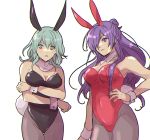  2girls absurdres animal_ears artist_request bow bowtie breasts byleth_(fire_emblem) byleth_(fire_emblem)_(female) cleavage closed_mouth detached_collar enlightened_byleth_(female) fake_animal_ears fire_emblem fire_emblem:_three_houses fire_emblem_warriors:_three_hopes hair_bun hair_over_one_eye highres large_breasts leotard long_hair looking_at_viewer multiple_girls pantyhose playboy_bunny rabbit_ears shez_(fire_emblem) shez_(fire_emblem)_(female) tail wrist_cuffs 