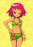  1girl asayanen breasts closed_mouth collarbone food fruit green_eyes highres looking_at_viewer mega_man_(series) mega_man_star_force navel one_eye_closed orange_(fruit) purple_hair short_hair shorts smile solo sonia_strumm_(mega_man) swimsuit tan 