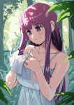  1girl amog breasts cleavage collarbone dress drying drying_hair fern_(sousou_no_frieren) outdoors plant purple_eyes purple_hair smile solo sousou_no_frieren spaghetti_strap sundress towel upper_body wet white_dress 