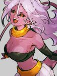  1girl android_21 black_sclera breasts choker cleavage collarbone colored_sclera colored_skin dragon_ball dragon_ball_fighterz earrings grey_background hair_between_eyes hoop_earrings jewelry kemachiku long_hair looking_at_viewer majin_android_21 medium_breasts open_mouth orange_eyes pink_hair pink_skin simple_background solo tail teeth yellow_choker 