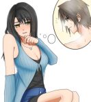  172634mai 1boy 1girl arm_warmers black_hair blue_eyes breasts brown_hair cleavage final_fantasy final_fantasy_viii highres jewelry long_hair necklace open_mouth rinoa_heartilly simple_background skirt sleeveless_duster squall_leonhart white_background 