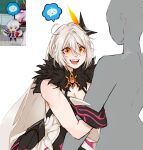  &gt;_&lt; 1girl ahoge arm_hug armor armored_dress asymmetrical_gloves asymmetrical_wings breasts chibi chibi_inset cleavage cloud_ya commentary diamond-shaped_pupils diamond_(shape) elbow_gloves energy_wings english_commentary fangs fur_collar gameplay_mechanics gloves grey_hair hair_between_eyes hair_ornament highres honkai_(series) honkai_impact_3rd kiana_kaslana kiana_kaslana_(herrscher_of_the_void) long_hair looking_at_another reference_inset single_elbow_glove smile spoken_emoji starfish_hair_ornament symbol-shaped_pupils teeth tongue upper_body very_long_hair wings yellow_eyes 