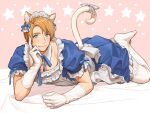  1boy :3 ahoge alternate_costume america_(hetalia) animal_ears apron axis_powers_hetalia blonde_hair blue_bow blue_dress blue_eyes bow bowtie cat_boy cat_ears cat_tail crossdressing detached_collar dress elbow_gloves enmaided fingers_to_cheek frilled_apron frills gloves looking_at_viewer lying maid maid_headdress male_focus on_bed on_stomach puffy_short_sleeves puffy_sleeves short_sleeves smile tail thighhighs to@st white_gloves white_thighhighs zettai_ryouiki 