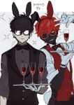  2boys alcohol alternate_color alternate_costume amamiya_ren animal_ears bangs black-framed_eyewear black_bow black_bowtie black_hair black_skin black_vest bow bowtie btmr_game bunny_day colored_skin dated dual_persona fake_animal_ears glasses gloves hair_between_eyes holding holding_tray male_focus multiple_boys one_eye_closed opaque_glasses persona persona_5 red_hair signature simple_background sparkle tray upper_body vest w white-framed_eyewear white_gloves yellow_eyes 