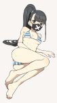  1girl arm_support ass bangs barefoot bikini black_eyes black_hair blue_archive blush breasts feet full_body highres long_hair looking_at_viewer lying mask medium_breasts mouth_mask on_side osame ponytail simple_background solo striped striped_bikini sukeban_(smg)_(blue_archive) swimsuit 