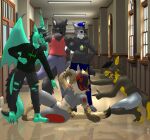  anthro brown_body bullying canid canine canis claws clothing digital_media_(artwork) dragon female group hair hi_res horn hyaenid johmn machine male mammal protogen red_eyes screen screen_face spots spotted_hyena unknown_artist wings wolf 
