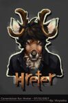  2017 anthro artist_name black_clothing black_hair black_nose black_topwear brown_antlers brown_body brown_eyes brown_fur bust_portrait cervid chest_tuft clothing dated front_view fur grey_clothing grey_topwear hair hi_res looking_at_viewer male mammal messy_hair mouth_closed portrait simple_background solo topwear tuft white_body white_fur white_inner_ear 