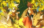  1boy 1girl blurry blurry_foreground brown_hair closed_eyes closed_mouth collarbone crossover deer_va6 eating genshin_impact grass hair_between_eyes hand_on_own_knee highres imaizumi_kagerou leaf looking_at_food medium_hair on_ground outdoors razor_(genshin_impact) red_eyes red_skirt sitting skirt smile touhou white_hair 