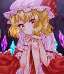  1girl absurdres blonde_hair chromatic_aberration closed_mouth crystal flandre_scarlet frilled_shirt_collar frilled_sleeves frills gagaku_kawa_rei hands_on_own_knees hat hat_ribbon head_tilt highres looking_at_viewer medium_hair mob_cap multicolored_wings nail_polish puffy_short_sleeves puffy_sleeves red_eyes red_nails red_ribbon ribbon shirt short_sleeves smile solo touhou white_headwear white_shirt wings wrist_cuffs 