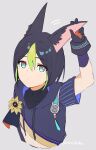  1boy absurdres animal_ears aqua_eyes arm_up azna bangs black_gloves black_hair closed_mouth cropped_torso flower fox_boy fox_ears genshin_impact gloves green_hair grey_background hair_between_eyes hand_on_ear highres hood hood_down male_focus multicolored_clothes multicolored_gloves multicolored_hair orange_gloves short_sleeves simple_background sketch solo tighnari_(genshin_impact) twitter_username upper_body yellow_flower 