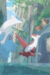  balcony blue_sky claws closed_mouth cloud cloudy_sky commentary_request flying highres latias latios leaning_forward looking_at_another momota_pix no_humans open_mouth outdoors pidgey pokemon pokemon_(creature) red_eyes sky stairs water yellow_eyes 