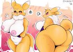  2022 anthro areola armwear bandai_namco big_breasts big_butt black_sclera blush breasts bridal_gauntlets butt clothing digimon digimon_(species) female fur genitals hi_res huge_breasts huge_butt inverted_nipples nipples nude pink_areola pussy renamon solo volkokot white_body white_fur yellow_body yellow_fur 