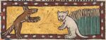  14th_century ambiguous_gender ancient_art anthro biped black_text brown_body brown_fur canid canine duo field fox french_text fur gold_background mammal manuscript public_domain reynard_the_fox text unknown_artist white_body white_fur 