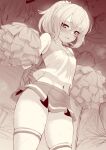  1girl bad_id bad_twitter_id bangs bare_shoulders blush breasts cheerleader greyscale highres holding holding_pom_poms large_breasts long_hair looking_at_viewer m-da_s-tarou midriff monochrome navel open_mouth pom_pom_(cheerleading) ponytail skirt solo_focus sweat thighhighs thighs 