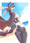  absurd_res butt claws clothed clothing dragon dragonmaid_(yu-gi-oh!) dragonmaid_sheou duel_monster featureless_crotch female fingers hi_res horn konami konayu_craft looking_at_viewer scales seaside smile water wings yu-gi-oh! 