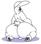  anthro backsack balls bedroom_eyes big_butt black_sclera butt chikn_nuggit genitals hi_res huge_butt iscream_(chikn_nuggit) kneeling lagomorph leporid looking_at_viewer looking_back male mammal narrowed_eyes nonbinary_(lore) nude paws rabbit red_eyes redphlannel seductive smile solo thick_thighs white_body 
