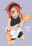  1girl :o bike_shorts bl_happinas breasts clenched_hands collarbone cropped_legs dated highres jacket midriff navel open_mouth orange_hair pokemon pokemon_(game) pokemon_masters_ex red_hair removing_jacket small_breasts sports_bra sweat tina_(pokemon) v-shaped_eyebrows 