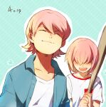  2boys :d ace_of_diamond baseball_bat blue_shirt brothers hair_over_eyes holding holding_baseball_bat kominato_haruichi kominato_ryousuke kusa_chuu male_focus multiple_boys pink_hair shirt short_hair siblings simple_background smile t-shirt upper_body white_shirt 