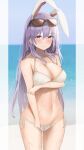  1girl 258n absurdres animal_ears bikini blush breast_hold breasts cleavage cowboy_shot eyewear_on_head highres large_breasts long_hair navel panties purple_hair rabbit_ears reisen_udongein_inaba side-tie_bikini side-tie_panties small_hands solo sunglasses swimsuit touhou underwear wet white_bikini 