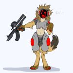  1:1 anthro brown_body cursed_gun digital_media_(artwork) fur gun hyaenid johmn machine male mammal protogen queen.anasazi ranged_weapon red_eyes screen screen_face solo spots spotted_hyena weapon 