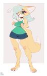  anthro aruurara bottomwear breasts canid canine choker clothing female fox hair hair_over_eye hey hi_res jewelry kemono liina_(aruurara) looking_at_viewer mammal necklace one_eye_obstructed shirt shorts solo speech_bubble tank_top topwear wide_hips 