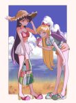  2girls aino_minako backpack bag beach bishoujo_senshi_sailor_moon blonde_hair bow breasts earrings full_body hat highres hino_rei jewelry kitakugoneru legs long_hair looking_at_viewer multiple_girls purple_hair red_bow sand smile water 