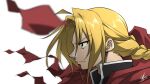  1boy ahoge blonde_hair blurry blurry_foreground braid closed_mouth edward_elric fullmetal_alchemist highres long_hair male_focus profile signature simple_background solo torn torn_clothes upper_body white_background wind yasu_(pixiv) yellow_eyes 
