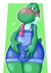  anthro balls big_butt blush bodily_fluids boyhowdy bulge butt clothing dinosaur drooling fondling fondling_penis fondling_self genitals hi_res looking_at_viewer male mario_bros nintendo overalls reptile saliva scalie shortalls solo thick_thighs tongue tongue_out video_games wide_hips yoshi yoshi_(character) 