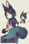  1boy :o animal_ear_fluff animal_ears bangs bird bird_ears black_hair brush chibi closed_mouth ear_piercing flower fox_boy fox_ears fox_tail genshin_impact gloves gradient_hair green_hair grey_background hair_between_eyes highres holding holding_brush holding_tail jewelry looking_at_viewer male_focus medal multicolored_hair multiple_views parted_lips piercing short_sleeves simple_background soto tail tassel tighnari_(genshin_impact) yellow_flower 