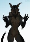  anthro black_body black_fur black_nose black_tail blue_eyes brown_body brown_breasts brown_fur canid chest_tuft ear_tuft elbow_tuft featureless_crotch female front_view fur hi_res lostgoose mammal navel neck_tuft open_mouth red_tongue simple_background solo tongue tuft 