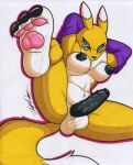  anthro balls bandai_namco big_breasts big_penis black_nipples black_penis black_sclera breasts canid canine digimon digimon_(species) erection foot_fetish fur genitals gynomorph hi_res intersex mammal nipples nude pawpads penis renamon rotten_owl simple_background solo traditional_media_(artwork) white_background white_body white_fur yellow_body yellow_fur 