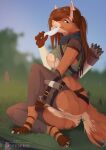  anthro archery arrow_(weapon) bow_(weapon) breasts brown_body brown_fur brown_hair canid canine canis clothed clothing dancrescentwolf female fur genitals hair hi_res knife knife_play leather legwear licking licking_knife long_hair mammal nature nature_background nipples outside paws pussy ranged_weapon sitting sitting_on_grass sitting_on_ground skimpy solo stockings tongue tongue_out torn_clothing weapon wolf 