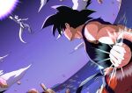  2boys black_hair blue_shirt clenched_hand cloud colored_skin dragon_ball dragon_ball_z energy_ball fighting floating_rock frieza haruhisky looking_at_another multiple_boys namek ocean orange_pants pants rock shirt sky son_goku spiked_hair tail torn_clothes torn_shirt white_skin wristband 