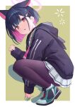  1girl animal_ears bangs black_hair black_hoodie black_pantyhose blue_archive blush cat_ears choker colored_inner_hair food full_body hair_ornament hairclip halo highres holding holding_food hood hood_down hoodie kazusa_(blue_archive) long_sleeves looking_at_viewer macaron multicolored_hair nomio pantyhose pleated_skirt red_eyes sailor_collar short_sleeves skirt solo squatting 