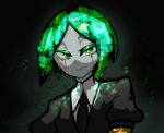  1other black_necktie centurii-chan_(artist) closed_mouth colored_eyelashes commentary crying crying_with_eyes_open crystal_hair english_commentary gem_uniform_(houseki_no_kuni) green_eyes green_hair highres houseki_no_kuni looking_at_viewer necktie phosphophyllite short_hair smile solo tears 