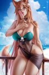  1girl animal_ears bangs bare_shoulders blonde_hair blue_eyes blurry blurry_background breasts choker day dog_ears dog_tail english_commentary food genshin_impact gradient_hair hair_between_eyes hair_ornament hina_(genshin_impact) large_breasts leotard long_hair multicolored_hair navel olchas outdoors pink_hair pom_pom_(clothes) pom_pom_hair_ornament popsicle pubic_tattoo sarong see-through solo strapless strapless_leotard tail tattoo tongue tongue_out very_long_hair 