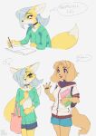  anthro aruurara bag book bottomwear canid canine canis clothing domestic_dog duo female fox gesture hair hair_over_eye hi_res hoodie japanese_text kemono liina_(aruurara) mammal one_eye_obstructed shirt shorts speech_bubble studying tank_top text thought_bubble topwear translation_request waving 