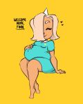  &lt;3 adventure_time anthro blonde_hair bronwyn cartoon_network clothed clothing dialogue english_text eyes_closed female hair hair_over_eye hand_on_stomach hi_res horn josietst mammal one_eye_obstructed pregnant rainicorn sitting smile solo text 