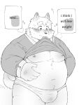  2022 anthro belly big_belly blush bulge canid canine canis clothed clothing clothing_lift domestic_dog english_text hi_res humanoid_hands kemono male mammal moobs navel nipples overweight overweight_male shirt shirt_lift solo text topwear underwear yobinira206 