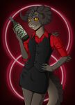  alcohol anthro ashe_colter bethesda_softworks beverage bottle bottomwear brown_body brown_scales bulge clothed clothing crossdressing deathclaw fallout girly hand_on_hip hi_res holding_bottle holding_object horn male pupils red_background reptile scales scalie shirt simple_background skirt slit_pupils solo topwear torn_clothing torn_shirt torn_topwear vest video_games wive 