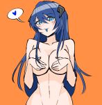 1girl absurdres arknights blue_eyes blue_hair blue_tongue blush breasts collarbone colored_tongue completely_nude cowboy_shot demon_horns english_commentary hair_over_breasts heart highres horns large_breasts long_hair looking_at_viewer mostima_(arknights) navel nude orange_background out-of-frame_censoring simple_background smile solo spoken_heart stomach tongue tongue_out yosua_0669 